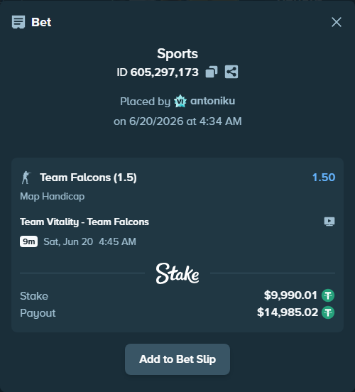 Bet slip: Team Vitality - Team Falcons, $10,000.00 stake at 1.50 odds, placed by antoniku