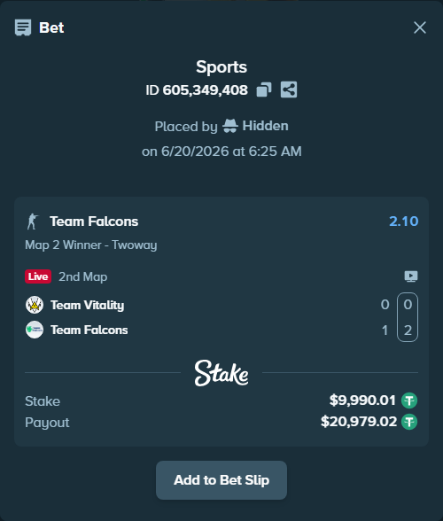Bet slip: Team Vitality - Team Falcons, $10,000.00 stake at 2.10 odds, placed by Hidden
