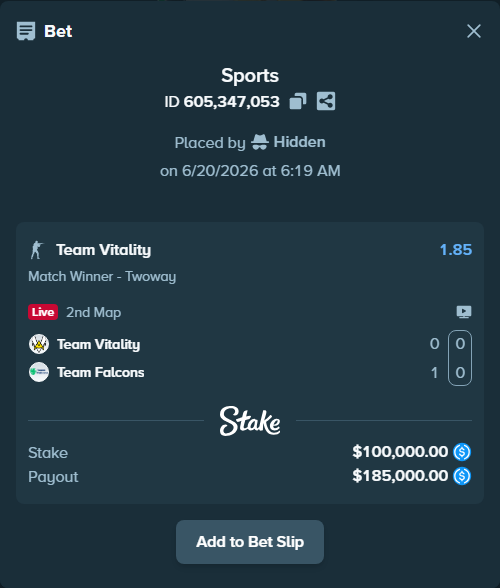 Bet slip: Team Vitality - Team Falcons, $100,000.00 stake at 1.85 odds, placed by Hidden