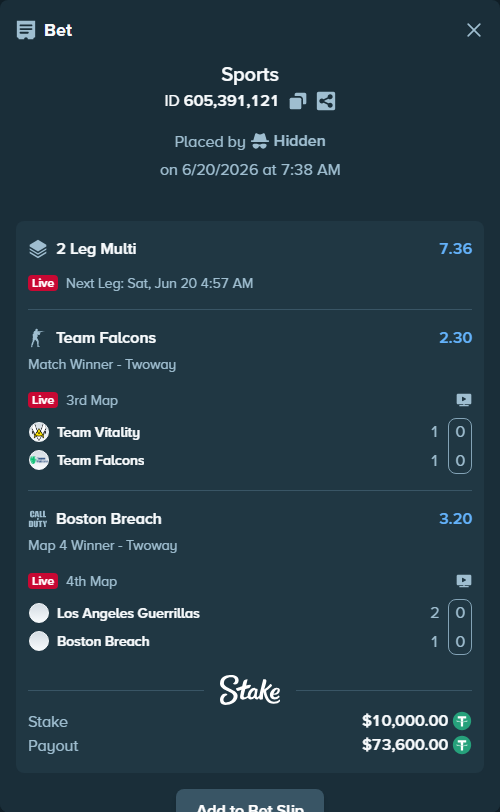 Bet slip: Team Vitality - Team Falcons, $10,010.00 stake at 2.30 odds, placed by Hidden