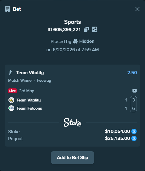 Bet slip: Team Vitality - Team Falcons, $10,054.00 stake at 2.50 odds, placed by Hidden