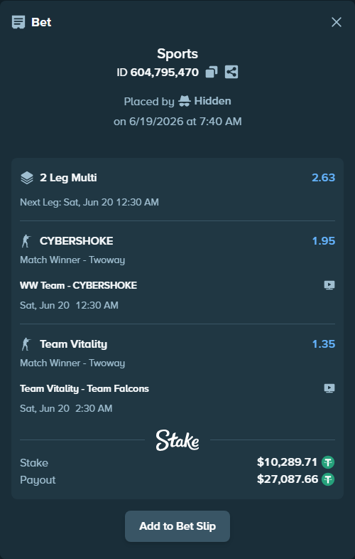 Bet slip: Team Vitality - Team Falcons, $10,300.00 stake at 1.35 odds, placed by Hidden