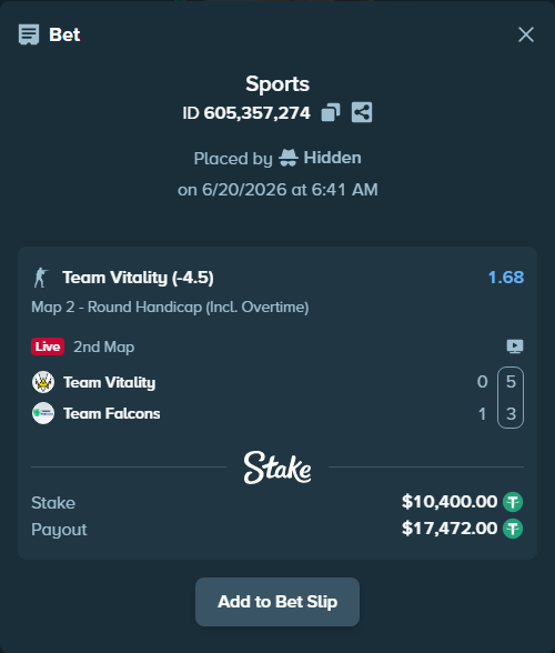 Bet slip: Team Vitality - Team Falcons, $10,410.40 stake at 1.68 odds, placed by Hidden
