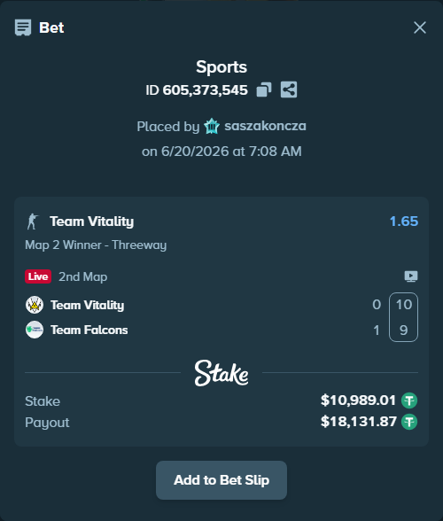 Bet slip: Team Vitality - Team Falcons, $11,000.00 stake at 1.65 odds, placed by saszakoncza