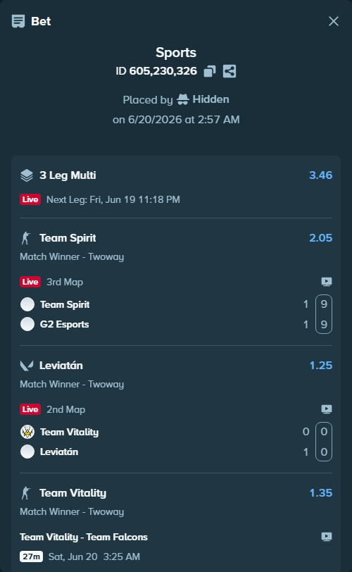 Bet slip: Team Vitality - Team Falcons, $17,000.00 stake at 1.35 odds, placed by Hidden