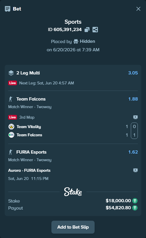 Bet slip: Team Vitality - Team Falcons, $18,018.00 stake at 1.88 odds, placed by Hidden