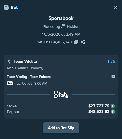 Bet slip: Team Vitality - Team Falcons, $27,727.79 stake at 1.75 odds, placed by Mnt41