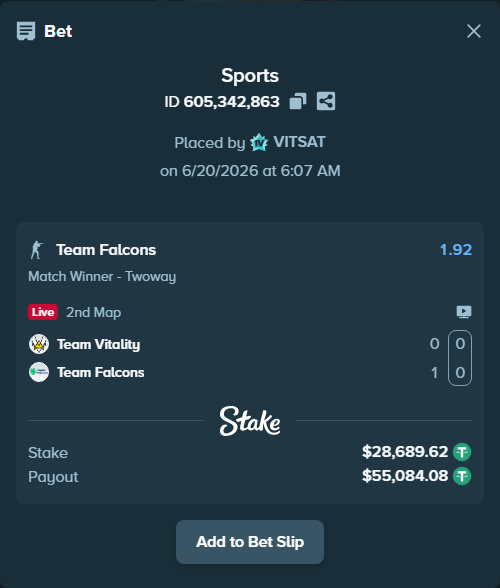 Bet slip: Team Vitality - Team Falcons, $28,718.31 stake at 1.92 odds, placed by VITSAT