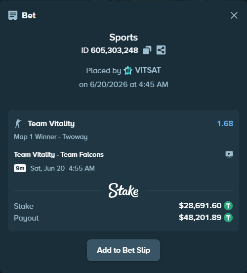 Bet slip: Team Vitality - Team Falcons, $28,720.29 stake at 1.68 odds, placed by VITSAT