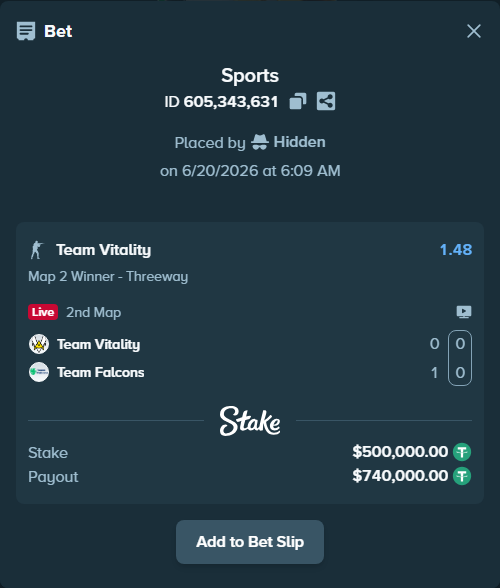 Bet slip: Team Vitality - Team Falcons, $500,500.00 stake at 1.48 odds, placed by Hidden
