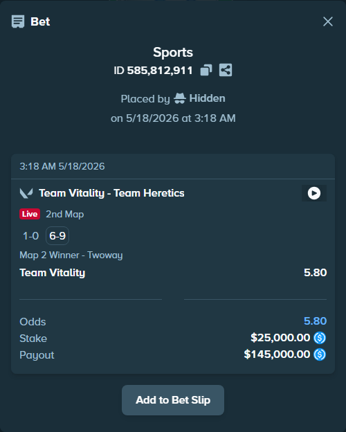 Bet slip: Team Vitality - Team Heretics, $25,000.00 stake at 5.80 odds, placed by Cabrzy