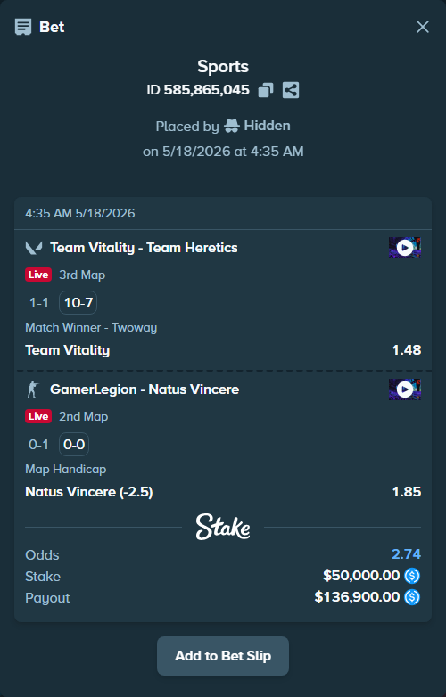 Bet slip: Team Vitality - Team Heretics, $50,000.00 stake at 1.48 odds, placed by Hidden