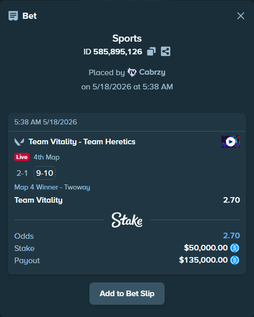 Bet slip: Team Vitality - Team Heretics, $50,000.00 stake at 2.70 odds, placed by Cabrzy