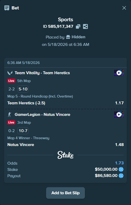 Bet slip: Team Vitality - Team Heretics, $50,000.00 stake at 1.17 odds, placed by Hidden
