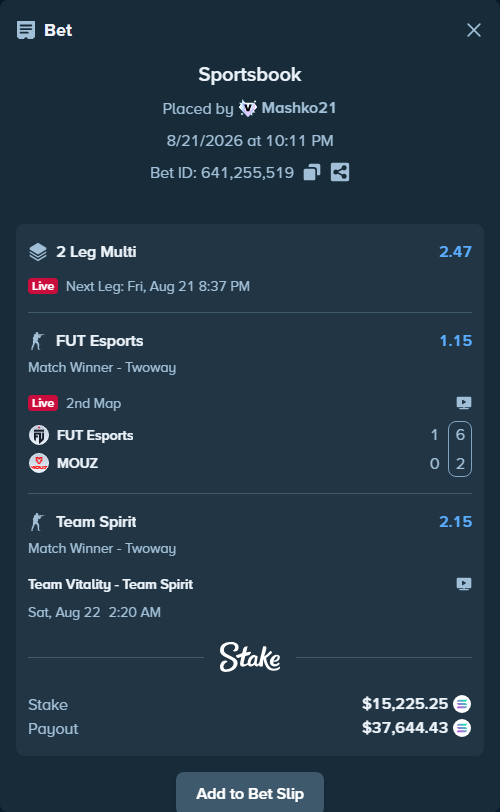 Bet slip: Team Vitality - Team Spirit, $15,947.59 stake at 2.15 odds, placed by Mashko21