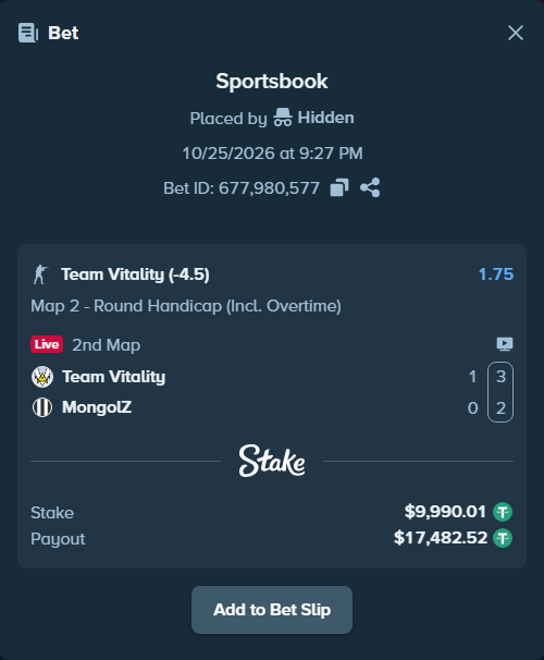 Bet slip: Team Vitality - The MongolZ, $10,000.00 stake at 1.75 odds, placed by jxd1314