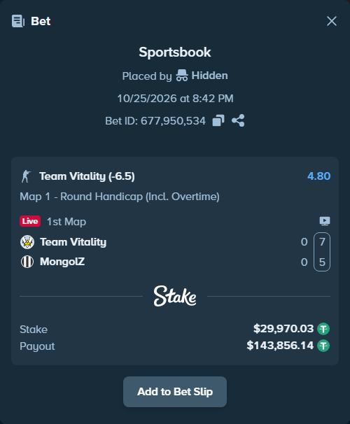 Bet slip: Team Vitality - The MongolZ, $30,000.00 stake at 4.80 odds, placed by Hidden