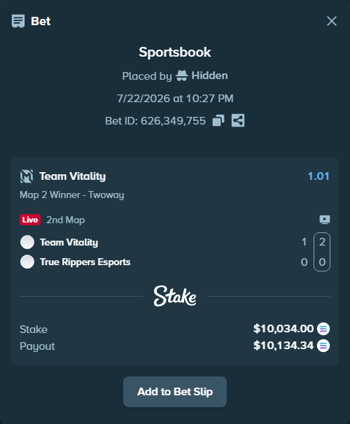 Bet slip: Team Vitality - True Rippers Esports, $9,442.76 stake at 1.01 odds, placed by Hidden