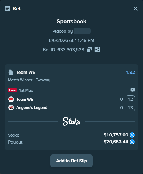 Bet slip: Team WE - Anyone's Legend, $10,757.00 stake at 1.92 odds, placed by TheEarlinGrey