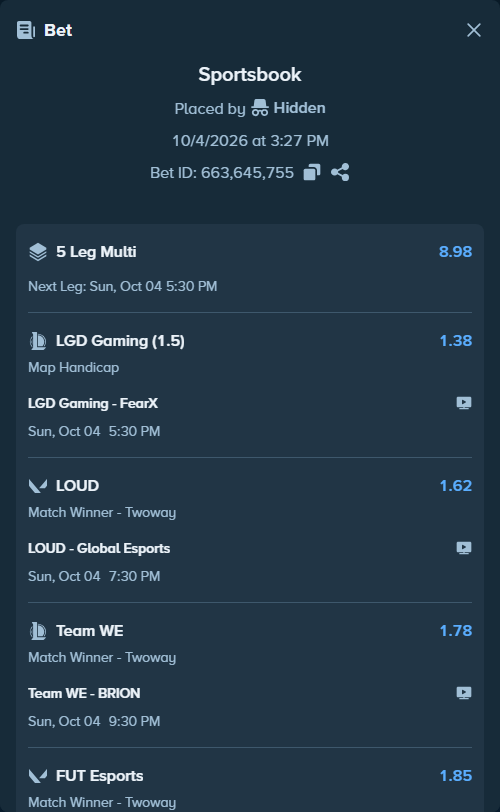 Bet slip: Team WE - BRION, $111,340.80 stake at 1.78 odds, placed by Hidden