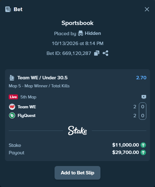 Bet slip: Team WE - FlyQuest, $11,011.00 stake at 2.70 odds, placed by Hidden