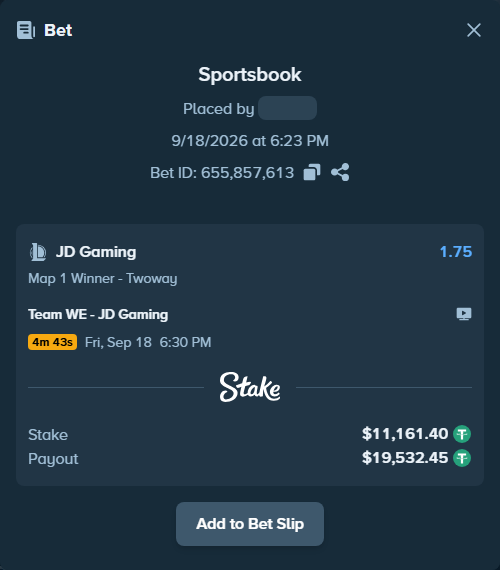 Bet slip: Team WE - JD Gaming, $11,172.56 stake at 1.75 odds, placed by fantasy7788