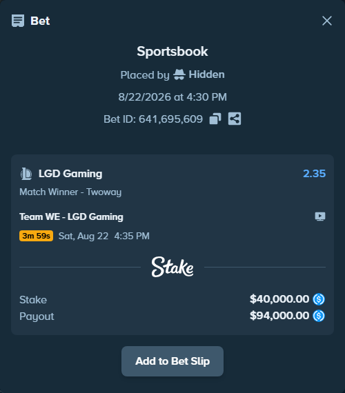 Bet slip: Team WE - LGD Gaming, $40,000.00 stake at 2.35 odds, placed by Hidden