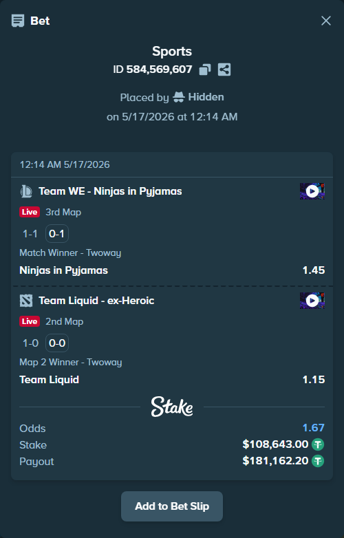 Bet slip: Team WE - Ninjas in Pyjamas, $108,751.64 stake at 1.45 odds, placed by Hidden