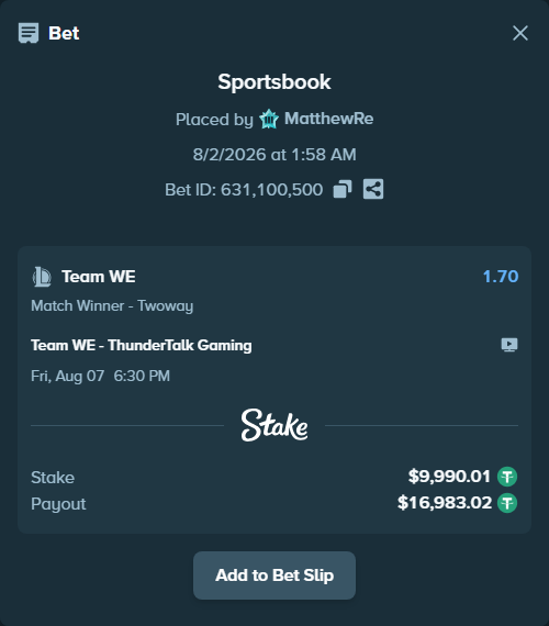 Bet slip: Team WE - ThunderTalk Gaming, $10,000.00 stake at 1.70 odds, placed by MatthewRe