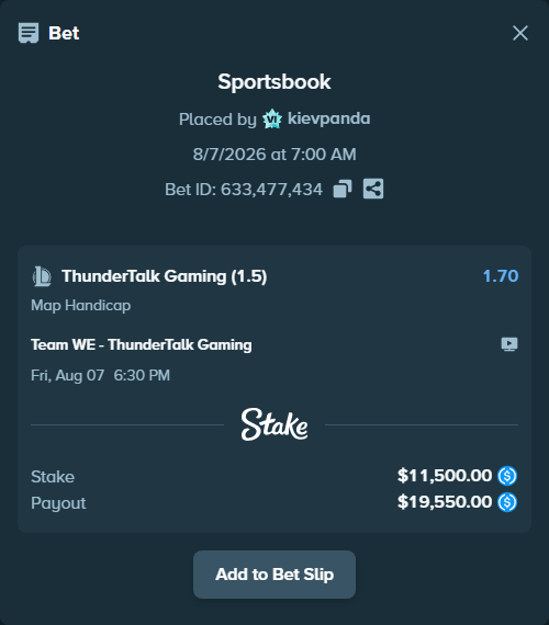 Bet slip: Team WE - ThunderTalk Gaming, $11,500.00 stake at 1.70 odds, placed by kievpanda