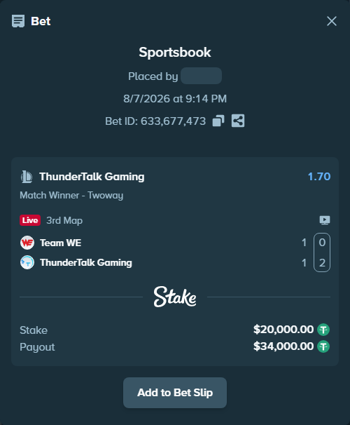 Bet slip: Team WE - ThunderTalk Gaming, $20,020.00 stake at 1.70 odds, placed by Mwillalwayswin