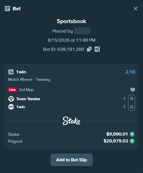 Bet slip: Team Yandex - 1win, $10,000.00 stake at 2.10 odds, placed by Hanselwilliam1