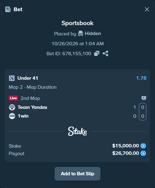 Bet slip: Team Yandex - 1win, $15,000.00 stake at 1.78 odds, placed by Hidden