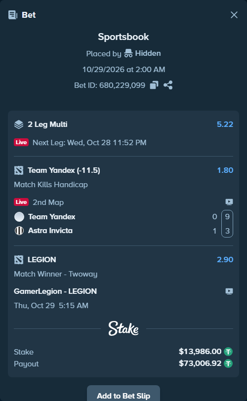 Bet slip: Team Yandex - Astra Invicta, $13,999.99 stake at 1.80 odds, placed by Hidden