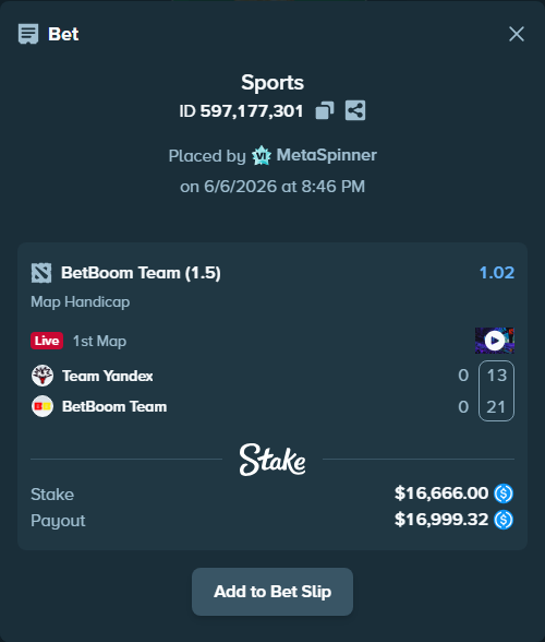 Bet slip: Team Yandex - BetBoom Team, $16,666.00 stake at 1.02 odds, placed by MetaSpinner
