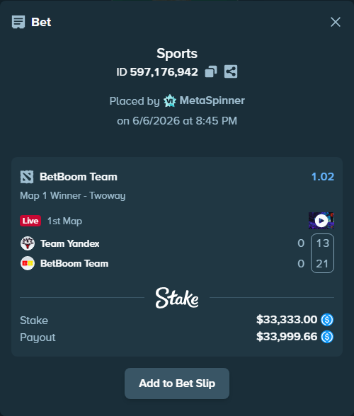 Bet slip: Team Yandex - BetBoom Team, $33,333.00 stake at 1.02 odds, placed by MetaSpinner