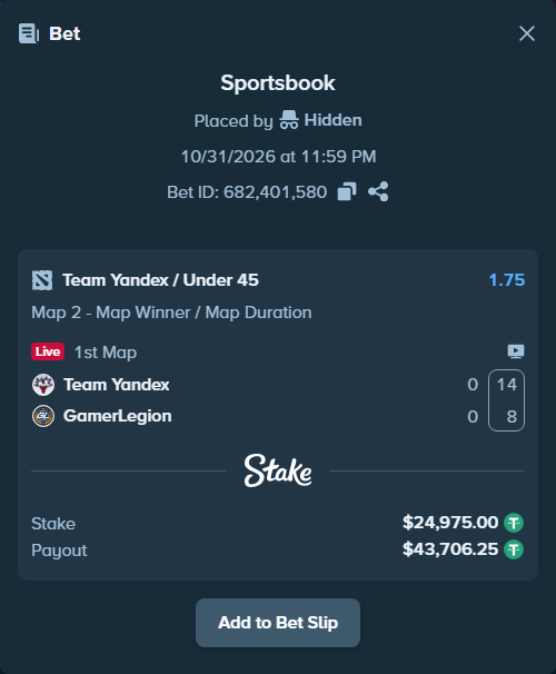 Bet slip: Team Yandex - GamerLegion, $24,999.97 stake at 1.75 odds, placed by ne0tlozhka