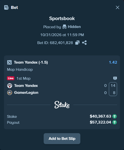 Bet slip: Team Yandex - GamerLegion, $40,408.00 stake at 1.42 odds, placed by Hanselwilliam1