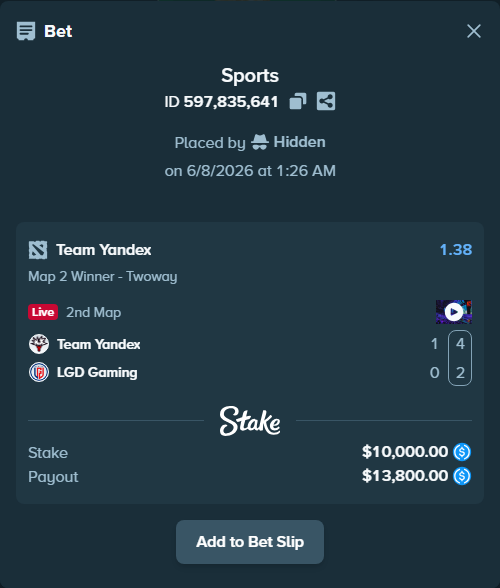 Bet slip: Team Yandex - LGD Gaming, $10,000.00 stake at 1.38 odds, placed by Hidden
