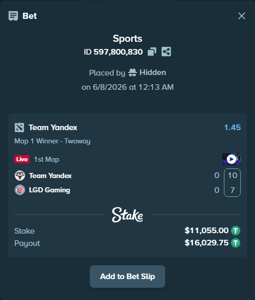 Bet slip: Team Yandex - LGD Gaming, $11,055.00 stake at 1.45 odds, placed by Hidden