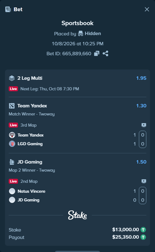 Bet slip: Team Yandex - LGD Gaming, $13,000.00 stake at 1.30 odds, placed by Hidden