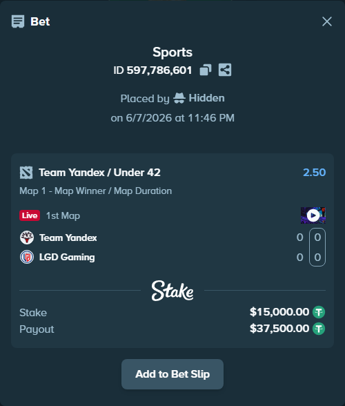 Bet slip: Team Yandex - LGD Gaming, $15,000.00 stake at 2.50 odds, placed by Hidden
