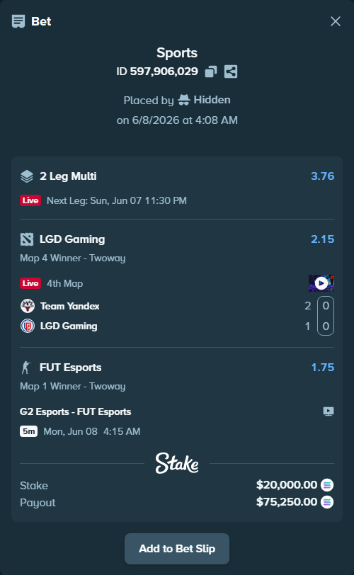 Bet slip: Team Yandex - LGD Gaming, $22,463.46 stake at 2.15 odds, placed by Hidden