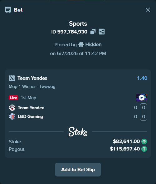 Bet slip: Team Yandex - LGD Gaming, $82,641.00 stake at 1.40 odds, placed by Hidden
