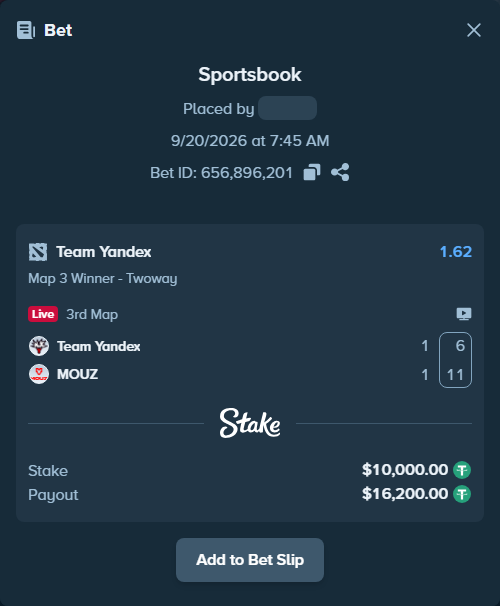 Bet slip: Team Yandex - MOUZ, $10,000.00 stake at 1.62 odds, placed by Feedone1488