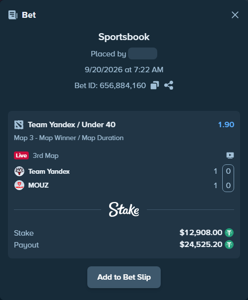 Bet slip: Team Yandex - MOUZ, $12,908.00 stake at 1.90 odds, placed by Feedone1488