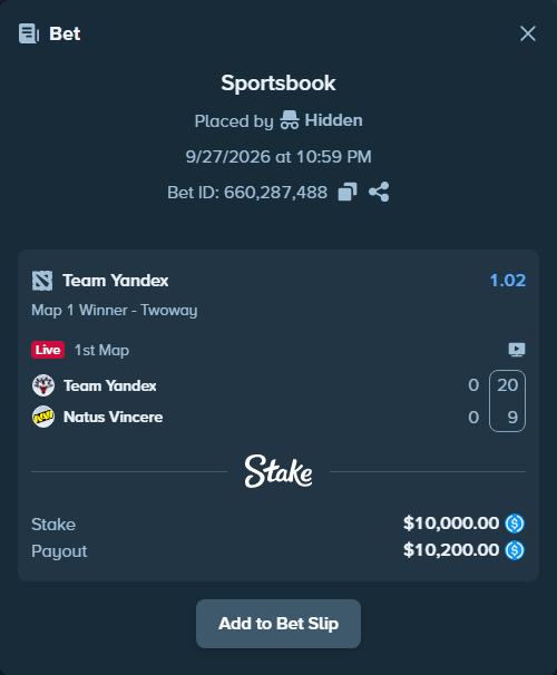 Bet slip: Team Yandex - Natus Vincere, $10,000.00 stake at 1.02 odds, placed by Hidden