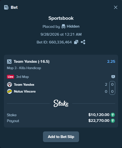 Bet slip: Team Yandex - Natus Vincere, $10,120.00 stake at 2.25 odds, placed by Hanselwilliam1