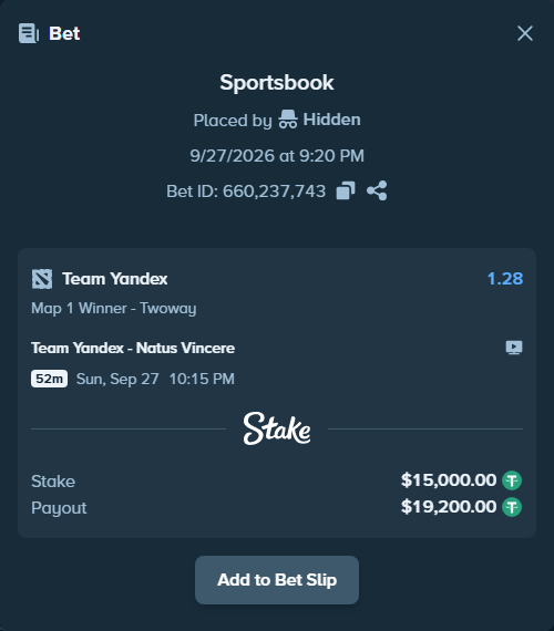 Bet slip: Team Yandex - Natus Vincere, $15,000.00 stake at 1.28 odds, placed by Hanselwilliam1