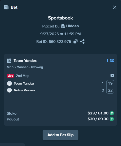 Bet slip: Team Yandex - Natus Vincere, $23,161.00 stake at 1.30 odds, placed by Hanselwilliam1